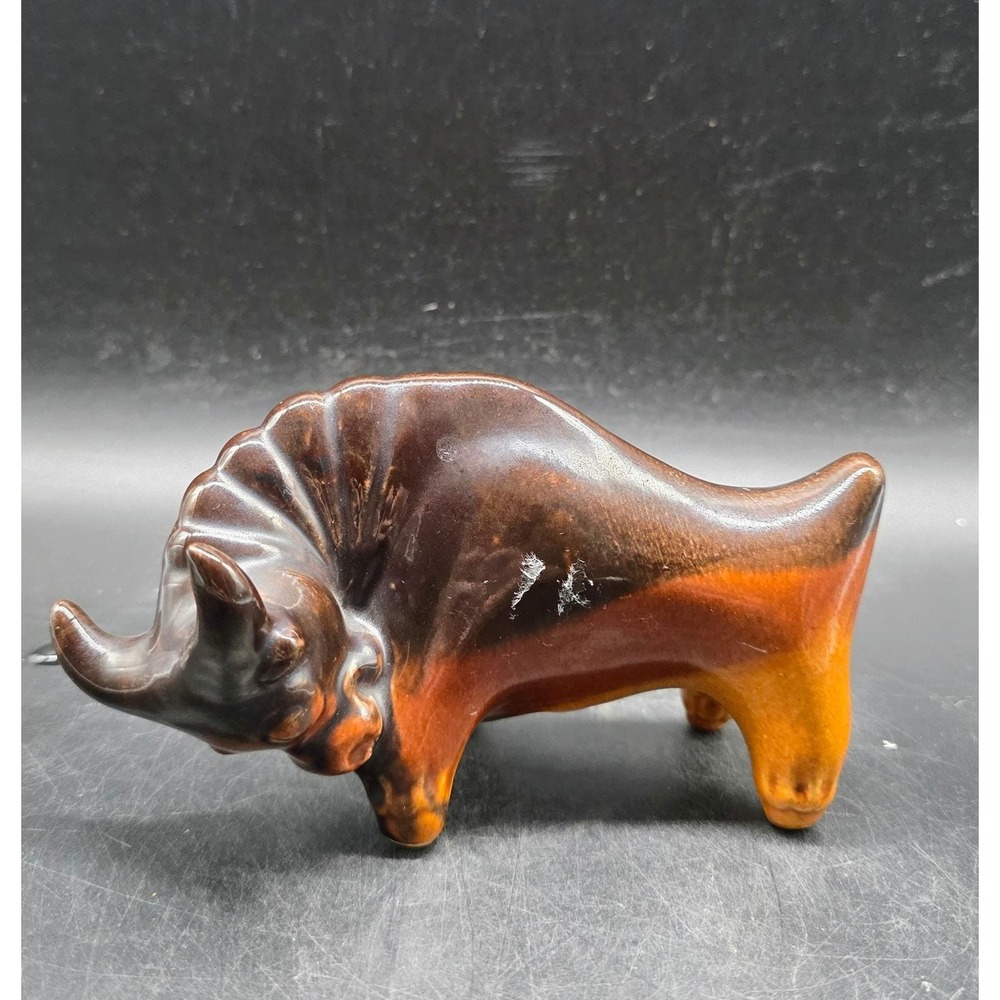 Vintage Ukrainian Ceramic Bull Figurine MCM Brown Orange Drip Glaze Art 4.75"